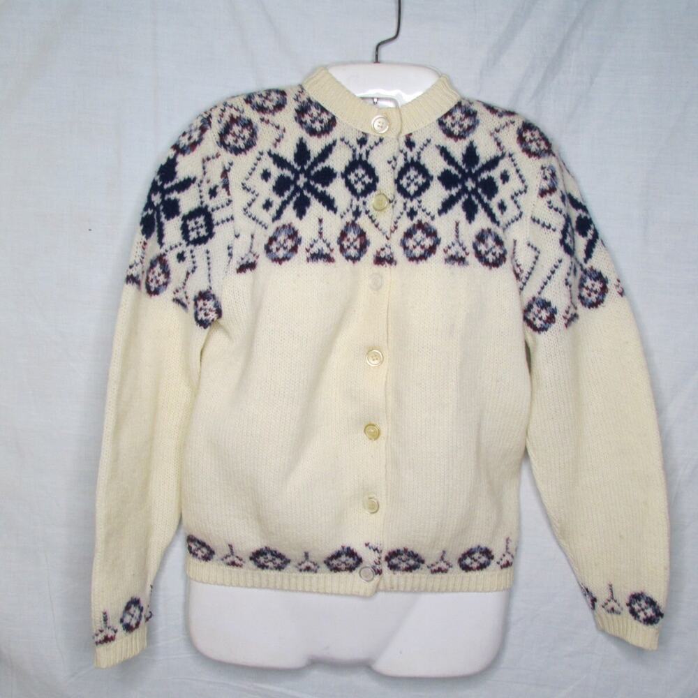 Tami Fair Isle Wool Knit Cardigan Sweater Button Up Snowflakes Small Vintage
